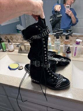 Jeffrey Campbell Black Studded Velvet Lace-Up Combat Boots